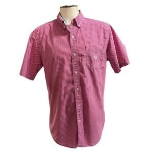 Chaps Easy-Care Button-Down S/S Peony Pink Check Logo Dress Shirt Size Large